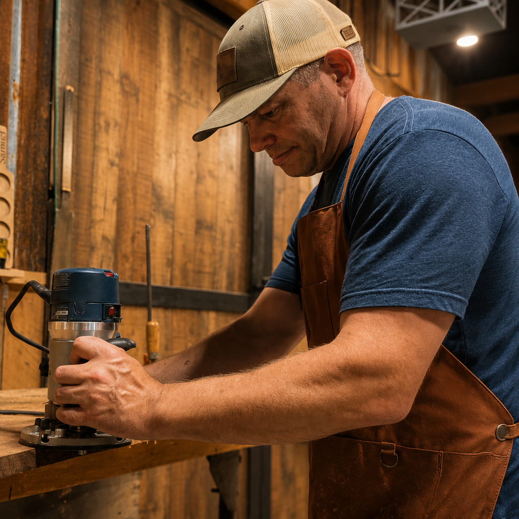 Kevin using a router on a workbench in the Primitive Woodwork shop